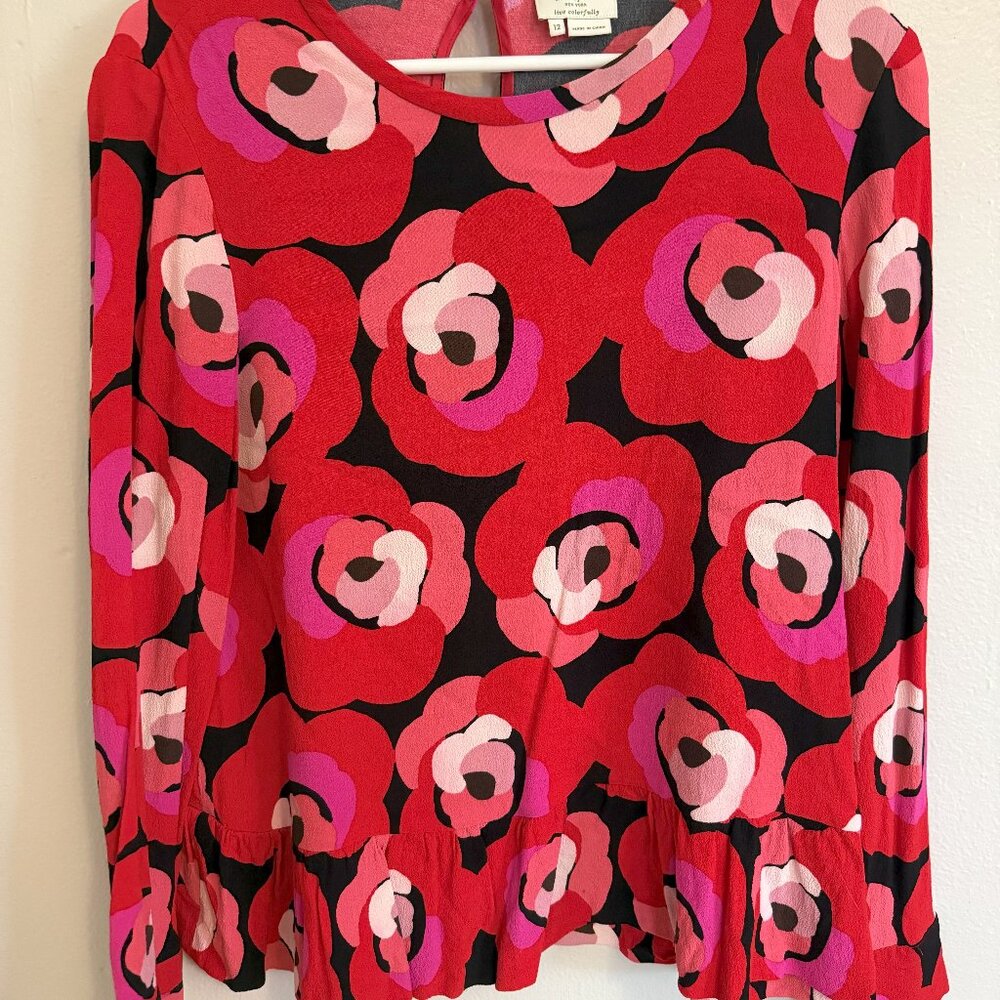 Kate Spade New York Long Sleeve Deco Colorful Red Black Rose Peplum Top size 12